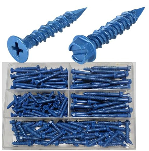 Concrete Screws Assortment Kit, 200Pcs Concrete Screws 1/4 3/16 Assortment Kit, Flat & Hex Head Masonry Block Brick Cement Screws and Anchors, Concrete Screws No Pre Drilling, Diamond Point.