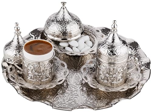 DEMMEX Juego de café turco griego árabe 2024 con tazas, platillos, portavasos, tapas, azucarero, tapa y bandeja, 11 piezas (plateado), mediano