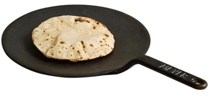 Cast Iron Roti/Chapati/Dosa Tawa Pan with Stick Handle, Dosa Kallu, Iron Tawa, Gas Stovetop Compatible, 26cm, Black