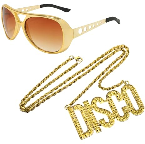 EUPSIIU 2 Stück Brille Disco Kette Gold Zubehör Set, 70er 80er 90er Rapper Hiphop Kostüm, Fasching Goldkette Zuhälter Kostüm Verkleidung für Cosplay Halloween Fasching Karneval Thema Party (Golden)