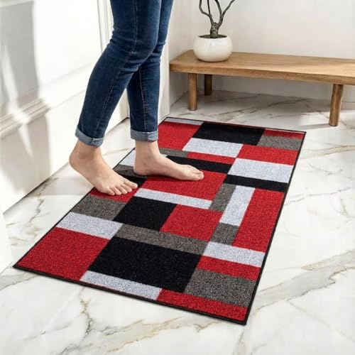 Rugs Inn Kilas Door Mats for Indoor - Super Soft Distressed Low Pile Living Room Entryway Welcome Mat for Front and Back Entry Doormat - Red Black, 60 x 110 cm