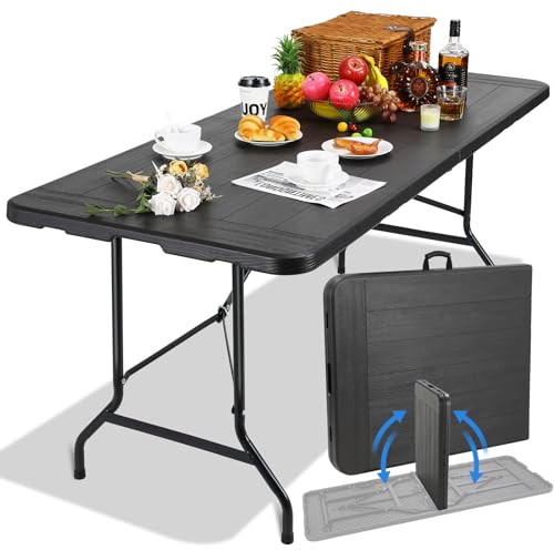 Gartentisch Klappbar 180x76cm,Buffettisch Klappbar, Campingtisch mit Tragegriff,Klapptisch für 10 Personen,Wetterfest Partytisch für Garten Terrasse Balkon,Holzmaserung Nachgeahmt,bis 120kg,Holz-Optik