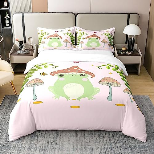 Loussiesd Süßer Frosch Bettwäsche Pilz 100% Baumwolle Bettwäsche Set 155x220cm für Kinder Jungen Natural Wild Fungus Bettwäsche Botanical Plants Bettwäsche mit 1 Kissenbezüge