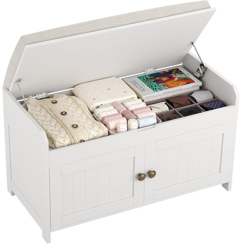 HOME BI Shoe Bench, Storage Bench with Padded Seat Cushion, Bench with 2-Door Storage Cabinets,Shoe Cabinet for for Entry, Bedroom, Cloakroom, Living Room and Hallway,White