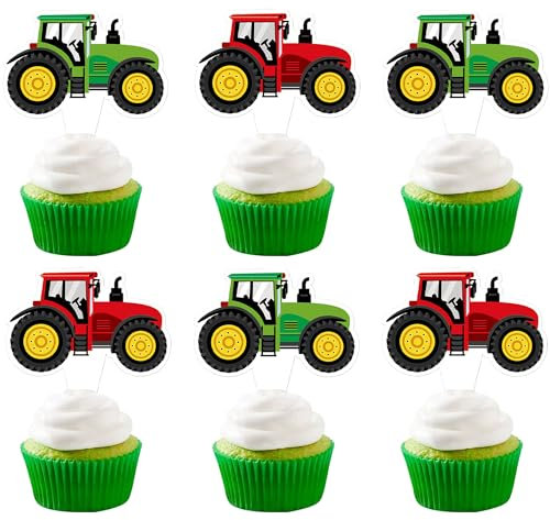 Blumomon 24 Stück Dual Front Traktor Cupcake Toppers für den Jungen Geburtstag - Bauernhof Party Deko - Kuchen Dekorationen - Dekoration für Familienfeiern