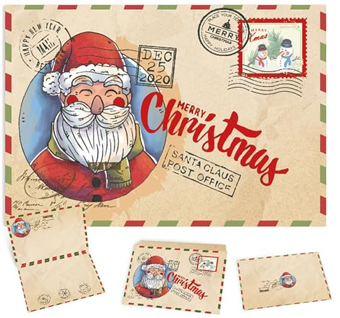 Tarjetas Navidad con Sobres Kraft – Set de 15 Tarjetas Navideñas Vintage con Papá Noel, Postales A6 para Felicitaciones y Saludos de Navidad a Familia, Niños y Amigos