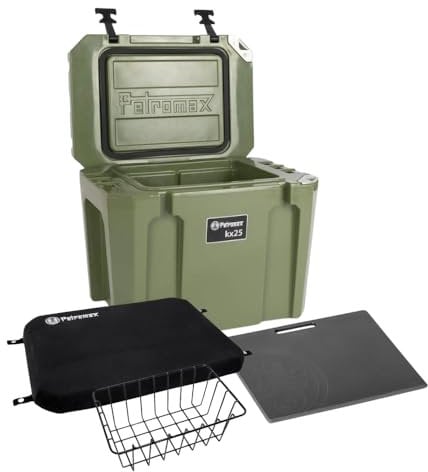Petromax Kühlbox Set, 25 Liter, Passive Kühlung, Eiskühldauer bis zu 12 Tage, Set inkl. Sitzkissen, Einsatzkorb und Einsatztrennbrett, unabhängig von Strom und Akku, für Eiswürfel und Kühlakkus