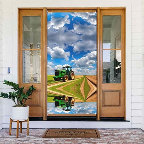 Cubierta de puerta con diseño de tractor bajo cielo azul y nubes blancas para decoración de fiestas en interiores y exteriores, 35.4 x 72.8 pulgadas