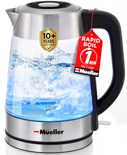 MUELLER HOME Rapid Boil Electric Tea Kettle 1.8L – Borosilicate Glass & Stainless Steel – BPA-Free Hot Water Boiler, LED Light, Auto Shut-Off, Boil Dry Protection Fast Water Heater, Kitchen Appliances
