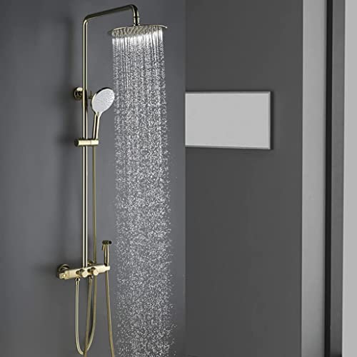 WOTZOV Duschsystem Thermostatisch Grau Wandmontiertes Messing Umsteller Regenmischer Badezimmer Duscharmatur Set mit 8 Zoll Regenduschkopf und Handbrause, Luxus Duschset,E