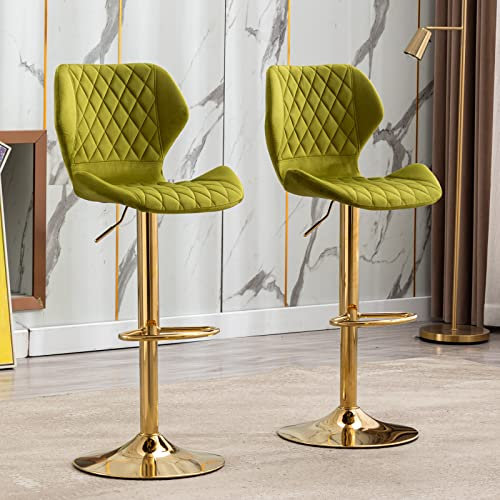 Lot de 2 tabourets de bar réglables en velours vert avec pieds dorés, chaises pivotantes modernes pour cuisine, îlot, salle à manger, maison, bar