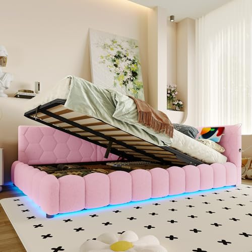 SOFTWEARY Schlafsofa mit Bettfunktion und LED-Beleuchtung, Polsterbett, Doppelbett, Jugendbett, Vlies (rosa mit Stauraum, 140x200 cm)