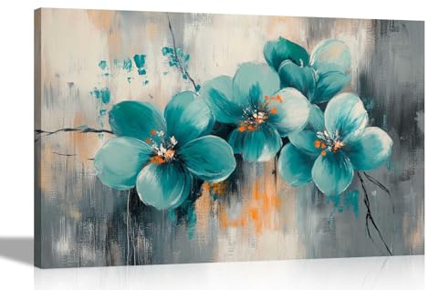 Artley Prints - Rustic Grey Abstract Teal Flowers Framed Canvas Wall Pictures Art for Living Room, Conservatory, Hallway Home Office Extra Large 101 x 76cm (40 x 30 inches)