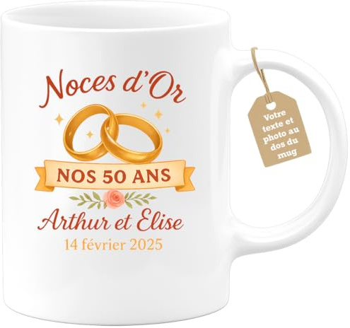 quotedazur Café-Croissant - Mug Personnalisé Noces D'Or Anniversaire 50 Ans Arthur Élise 14/02/2025 Cadeau Tasse Pour Noël De Mariage - Blanc/Céramique
