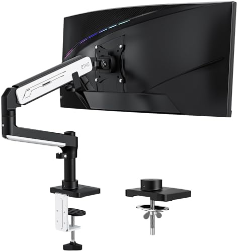 ETHU Single Gas Spring Monitor Arm with Pole for 17-40 Screens up to 14kg | Heavy Duty VESA Desk Mount,Full Motion Adjustable Monitor Stand,C-Clamp and Grommet Installation,Office and Home Use, Black
