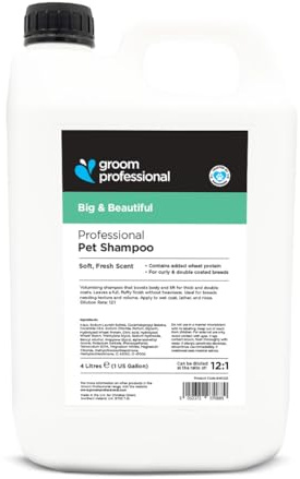 Groom Professional Big & Beautiful Volumising Hundeshampoo (4 L) – Salonkonzentrat 12 : 1, Mit Weizenprotein zur Stärkung des Fells, Für Pudel, Bichons und Dichte Mäntel, Produziert in UK