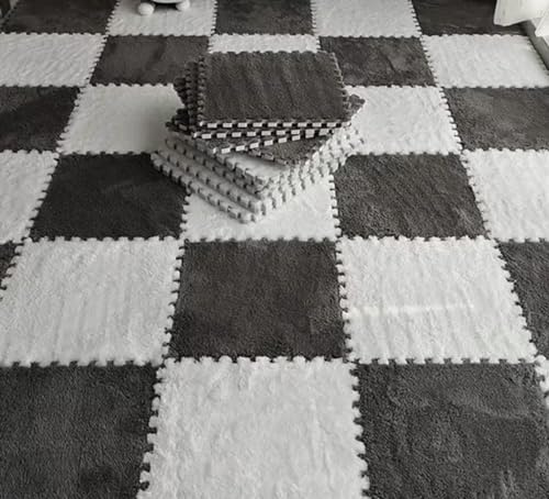 RIZGHWOY Plüsch Schaumbodenmatte, Ineinandergreifende Puzzle Spielmatte Nicht Schlauweiche Fleece Teppich für Baby Schlafzimmer Wohnzimmer (Grau weiß)