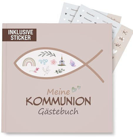 colortouch Gästebuch Kommunion Erinnerungsalbum mit Sticker, 60 Seiten Kommunionsbuch mit verschiedenen Themen zum Ausfüllen, Kommunionsgeschenk besonderer Momente, Fotoalbum zum Selbstgestalten