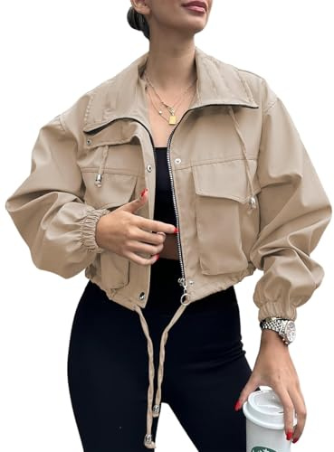 Tankaneo Damen Crop Zip Up Jacke Oversized Langarm Anorak Coat mit Taschen Reißverschluss Kurz Bomberjacke