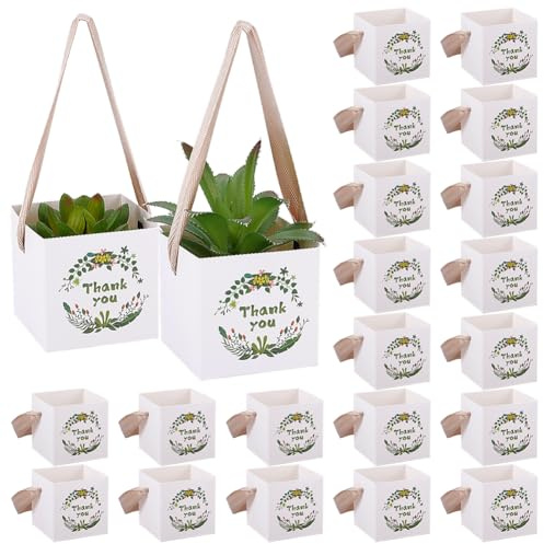 PH PandaHall 50 Sets Succulent Wrap Bags with Handles 6.5x6.5cm Thank You Gift Wraps Box White Square Plants Holder Foldable Paper Pots Gift Box for Graduation Wedding Guest Gifts Party Favors