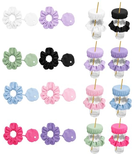 8 Pcs Drink Covers Scrunchie Hair Ties, Reusable & Washable Anti Spike Drink Covers With Straw Hole, Nightcap Cup Covers For Drinks, Drink Protector Accessories For Women, 8 Colours