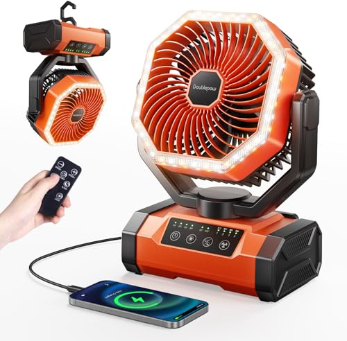 20000mAh Camping Ventilator, Aufladbare Akku Ventilator, Tragbarer Ventilators mit LED Licht, 120° Oszillierbar, mit Fernbedienung, Haken, USB Tischventilator, Geeignet Reisen, Picknick, Stromausfall