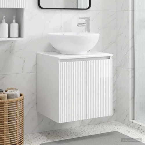 YunCangg Lavabo mural blanc brillant avec surface en bois 49,5 x 44,5 x 65 cm, meuble sous lavabo avec espace de rangement et porte, armoire de salle de bain pour salle de bain et WC d'invités