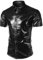JOGAL Mens Metallic Shiny Nightclub Styles Short Sleeves Button Down Dress Shirts 3X-Large A316 Black
