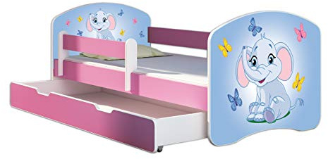 ACMA Kinderbett 80 x 160 cm mit Bettkasten, Matratze & Lattenrost – Jugendbett mit Rausfallschutz, personalisiertes Motiv 26 Elephant - Rosa, Mädchenbett ab 3 Jahren, belastbar bis 120 kg