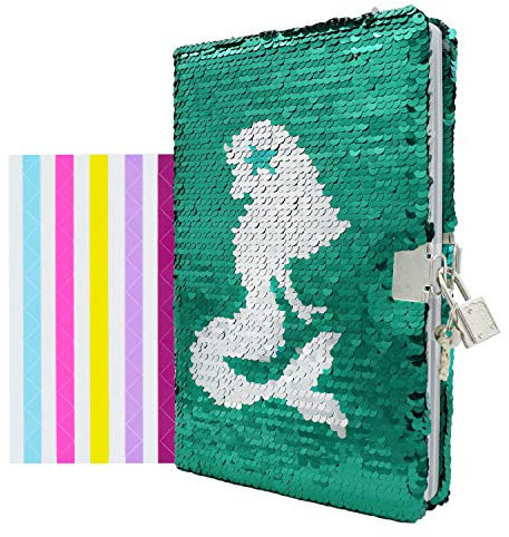VIPbuy Reversible Sequin Notebook Diary with Lock and Key Lined Travel Journal w/Photo Corner for Kids Girls Gift, Size A5 (215 x140mm), 156 Pages, Mermaid