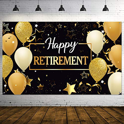 Happy Retirement Party Dekorationen, Extra Große Stoff Schwarz und Gold Happy Retirement Zeichen Banner Foto Stand Hintergrund mit Seil für Retirement Party Gefallen, 70,8 x 43,3 Zoll
