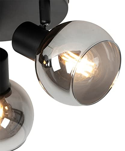 QAZQA - Art Deco Deckenleuchte I Deckenlampe I Lampe I Leuchte schwarz 3-flammig Spotbalken5 cm mit Rauchglas 3-flammig Spotbalken-Licht - Vidro I Wohnzimmer I Schlafzimmer - Rund - LED geeignet E14