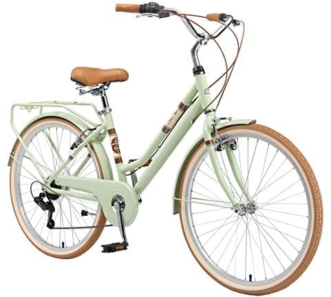 BIKESTAR Alu City Stadt Fahrrad 26 Zoll | 16 Zoll Rahmen, 7 Gang Shimano Damen Rad, Hollandrad Retro Bike mit V-Bremse und Gepäckträger | Mint | Risikofrei Testen