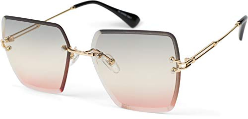 styleBREAKER Damen Sonnenbrille ohne Rahmen mit eckigen Polycarbonat Gläsern und Diamantschliff | UV400 Verlaufstönung | Metallbügel verstellbare Nasenpads, Gestell Gold/Glas Grau-Apricot Verlauf