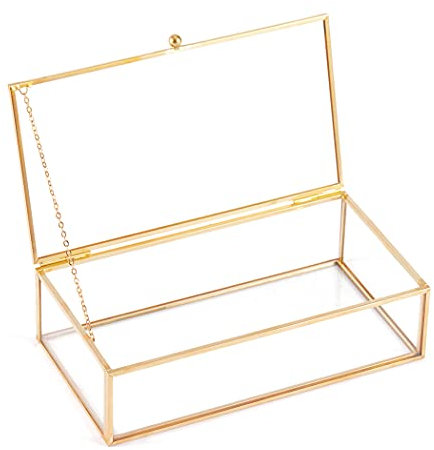 CUWMPL Goldene Glas-Schmuckschatulle, Vintage-Glas-Schmuck-Organizer, Messing, groß, transparent, rechteckig, dekorative Boxen, 20,3 x 11,4 x 5,1 cm