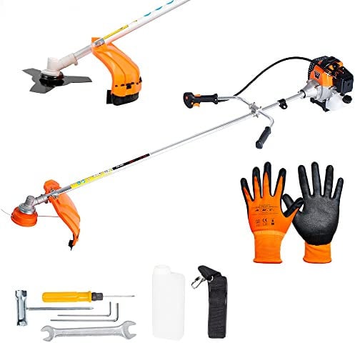 AMC Decespugliatore a scoppio multifunzione 2 in 1 a braccia con motore 2 tempi da 52cc professionale con testina e disco tre denti in acciaio tagliasiepi e bordo per fai da te o professionisti