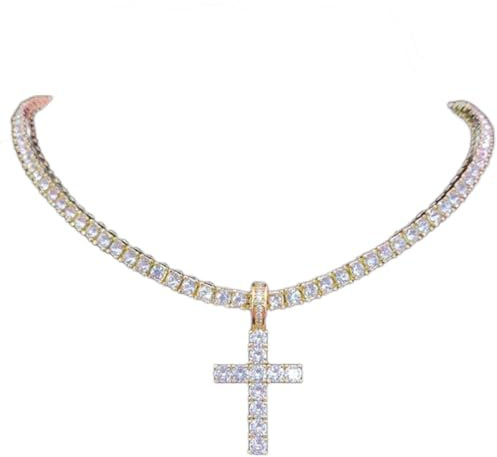 zxcs Männer Frauen Hip Hop Kreuz Anhänger Halskette mit 4mm Zirkon Tennis Kette Euro Out Bling Halsketten Hiphop Schmuck Mode Geschenk-Gold Tennis Chain,16inch(40cm)