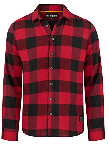 riverso Chemise de Loisirs RIVArne - Coupe Droite - en Flanelle - Manches Longues - Gris, Marron, Jaune, Rouge, Vert - S - 5XL - 100% Coton - Rouge Cerise (15300), M