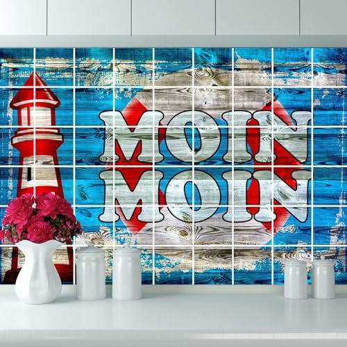FoLIESEN Fliesenaufkleber - Deko-Bild für Bad, Küche, Badezimmer - maritime Dekoration Fliesen-Bild selbstklebend - Moin Moin, Fliese - Bild (BxH):15x20 cm - 60x40 cm / 8-tlg.