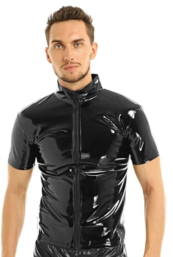 FEESHOW Herren Wetlook Shirt Kunstleder Jacke Hemd Männer Lack Optik Freizeithemd Polizeihemd Mit Knöpfe/Reißverschluss Schwarz C M