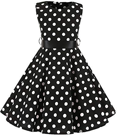 IWEMEK Robe Cérémonie Vintage Fille Enfant Rockabilly Année 50/60 Retro à Pois Polka Dot Imprimé Floral Pin Up de Soirée Fête Cocktail Noël Mariage A-Ligne Midi Noir 9-10 Ans
