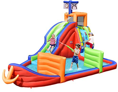 COSTWAY Tobogán Acuático Inflable, Casa Inflable 6 en 1 con Tobogán, Pared para Escalar, Piscina, Dardos, Juego de Anillos y Pistolas Acuáticas, Castillo Inflable para Niños, Ideal para Patio