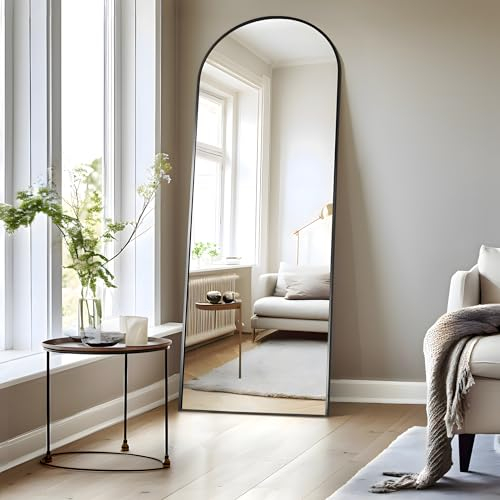 COFENY Bogen Ganzkörperspiegel, 179 × 65 cm Standspiegel mit Schwarzem Rahmen, Groß Wandspiegel zum Stehen, Anlehnen oder Hängen, Bodenspiegel für Schlafzimmer, Wohnzimmer