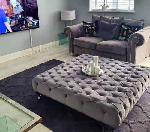 Furnishion Large Coffee Table 30Inch x 30Inch x 12Inch - Deep Buttoned Chesterfield Footstool Coffee Table In Plush Velvet (Grey Plush Velvet)