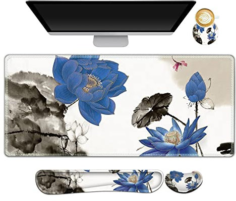 ARTSO Erweitertes Gaming Mauspad Set, Tastatur Handgelenkauflage Unterstützung Pad + Handgelenkkissen + XXL Großes Mauspad + Untersetzer, Memory Foam Schreibtischmatte, Blau Lotus Ink Painting
