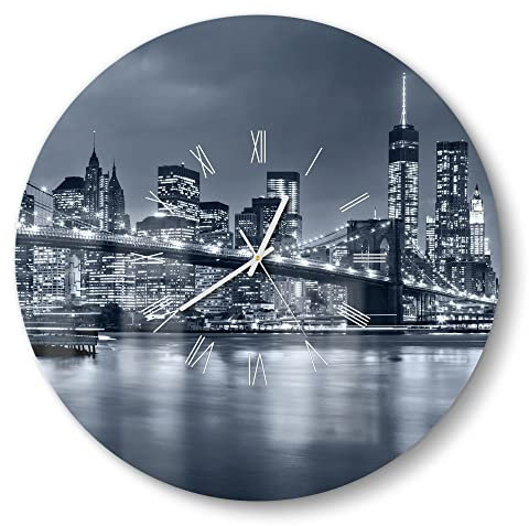 DEQORI Glasuhr | rund Ø 50 cm | Motiv Vollmond über New York | große XXL Design Uhr aus Glas | leise Wanduhr für Wohnzimmer & Küche | moderne Hingucker Uhr für die Wand