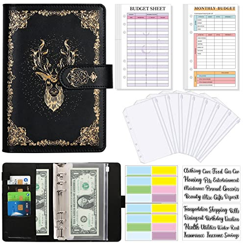 Budget Binder, A6 Marmor PU Leder Binder, Geld Organizer Budget Planer mit 8 Reißverschluss Cash Umschläge, 12 Ausgaben Budget Blätter für 2 Brief Label Aufkleber (schwarz)