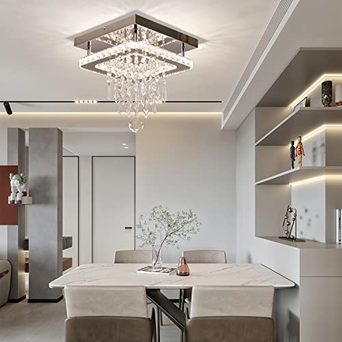 Fintonglan Kronleuchter Deckenleuchte Quadratische LED Kristall-Deckenleuchten Moderne Edelstahl Flush Mount Kronleuchter für Schlafzimmer Küche Esszimmer Flur Wohnzimmer (Farbe veränderbar)