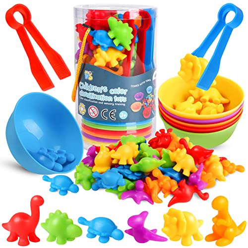 Skrtuan Counting Dinosaur Matching Toys with Sorting Bowls Montessori Preschool Educational Activities Learning Color Sorting Fine Motor Skills Sensory Toys Birthday Gift for 3 4 5 Year Old Boys Girls