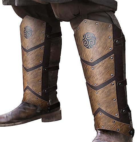 HiiFeuer Mittelalterliche Beinschienen aus Kunstleder, Mittelalterliche Ritterbeinrüstung, Söldnerbeinschützer für LARP Kostüm (Braun A)
